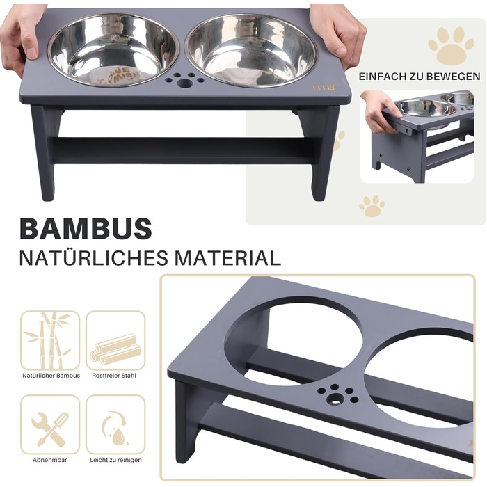Підвищені годівниці для собак HTB, бамбук, 2 миски з нержавіючої сталі, 44x24x18 см, 18 см висота, сірий колір