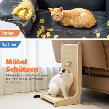 PETKARAY Котячий когтетоп з сизалю, L-подібний, 66 см, 105° вертикальна поверхня для шліфування кігтів, з іграшками, для стіни та кута