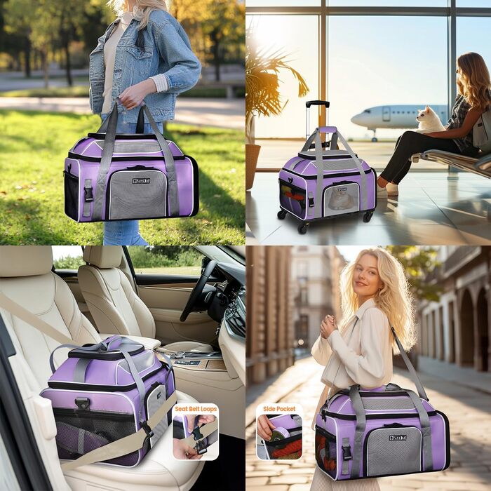 Трансформована переноска для тварин Petskd з колесами, 48,3 x 33 x 22,9 см, схвалена Southwest Allegiant Airlines, м'яка переноска для собак до 6,8 кг та котів до 9 кг, фіолетова
