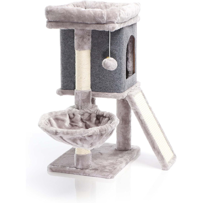 Кігтеточка для котів Fudajo сірого кольору, 71,5 см, з платформою для відпочинку, лежаком, дряпалкою та будиночком. Кліматичний комплекс для котів з 1 будиночком.