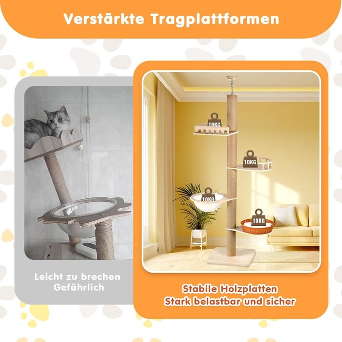 Комплекс для котів Kratzbaum з 5 поверхів, до стелі, регульована висота (255-270 см), з огорожами та сизалевими стовпами, котячий будиночок з капсулою та плетеним кошиком