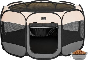 Клітка-загон для собак на 4 місця, великий розмір, портативна, з водонепроникним дном та блискавкою, для дому та вулиці, з мискою, темно-сірий та рожевий (M з мискою, темно-сірий та бежевий)