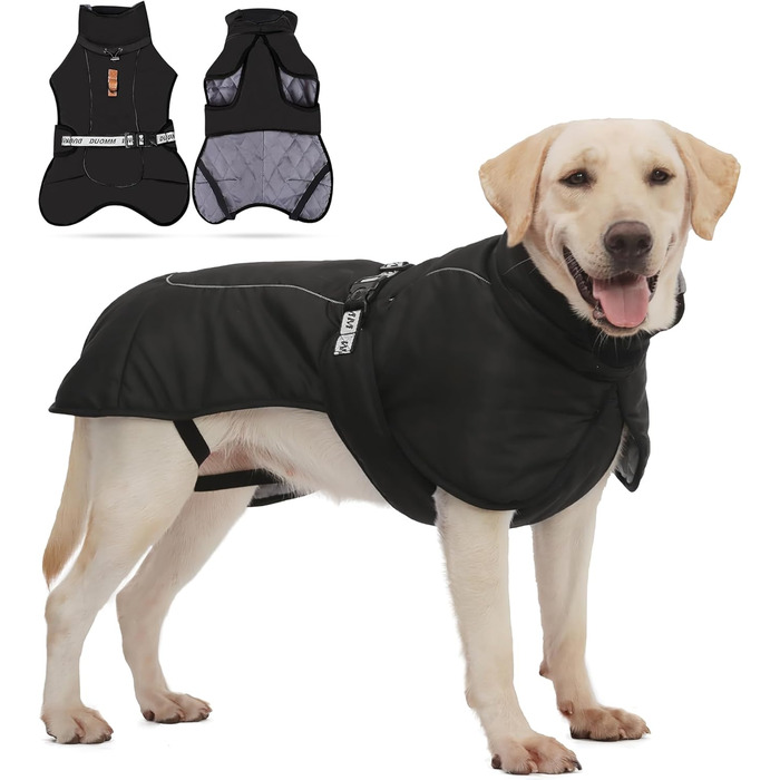 Зимовий теплий одяг для собак ALLSOPETS з відбиваючими елементами, чорного кольору, розмір 2XL. Вітронепроникна куртка для великих та середніх собак з регульованим поясом та кільцем для повідка.