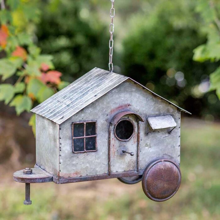 Металевий годівничка для птахів Happy Camper Colonial Tin Works, сучасний, сірий, 30,5×17,8×11 см, підвісна або настільна