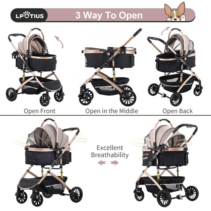 3 в 1 Візок для собак з знімним сидінням, будіжок, переноска, складаний, для домашніх тварин, візок для дітей до 25 кг, Рожевий, Шампань