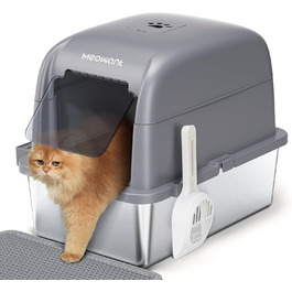 Котячий туалет MeoWant з нержавіючої сталі з кришкою, 81 л, закритий, тришаровий, герметичний, із педаллю, лопаткою та килимком, сірий