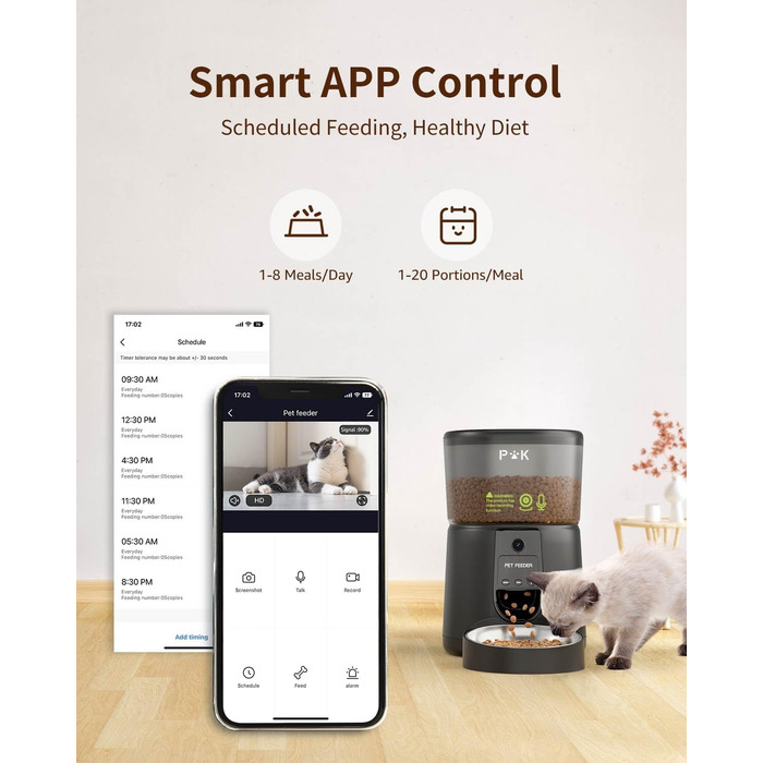 Автоматична годівниця для котів Puppy Kitty з Wi-Fi, керування через додаток, відео та аудіо, нержавіюча миска, до 8 годувань на день