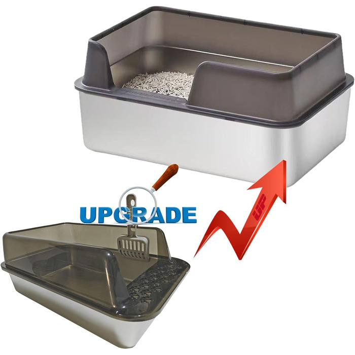 Кунву Лоток для котів з нержавіючої сталі, 50,8 x 35,6 x 20,3 см, з кришкою, легко чиститься, не вбирає запахи, напівзакритий лоток з міткою (Сірий Сантас, 50,8 x 35,6 x 20,3 см)