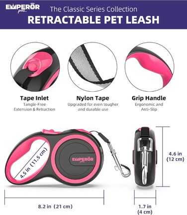 Рулетка для собак Emperor Pets 8м, до 50 кг, міцна висувна повідок з антиковзною ручкою, гальмо, пауза та блокування, для великих собак