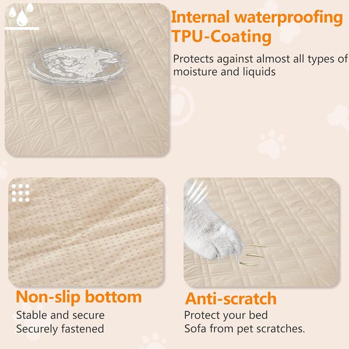 Водонепроникний килимок для собак 218 x 208 см: захист дивану та ліжка. Великий, миючий, з антиковзаючим покриттям. Підходить для собак та котів, бежевий, XXL