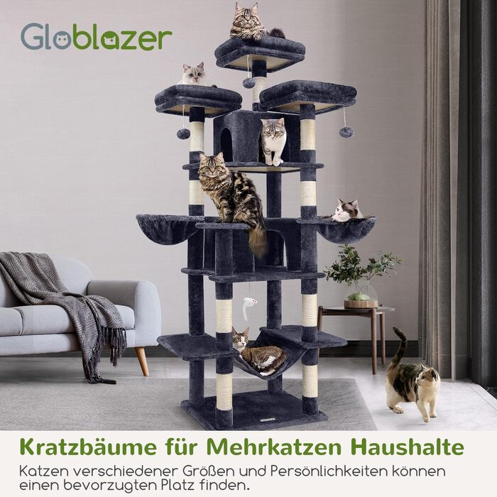 Котячий будиночок Globlazer XXL: великий, 204 см, з 3 лежаками, 2 будиночками, 2 кошиками, гамаком, стабільний для великих котів та кількох котів (F80, темно-сірий)