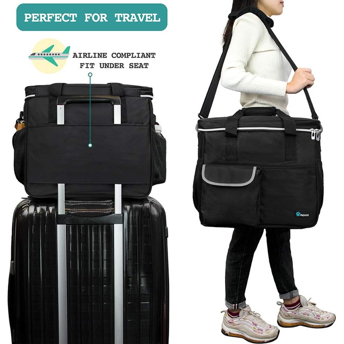 Чорна сумка-органайзер для собак та котів PetAmi: переносна сумка з мисками та контейнером для корму, ідеальна для подорожей та кемпінгу (37x20x30 см)