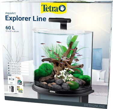 Акваріум Tetra Explorer Line 60 л, комплект: LED-освітлення, обладнання, корм і засоби догляду, вигнута передня стінка, чорний колір