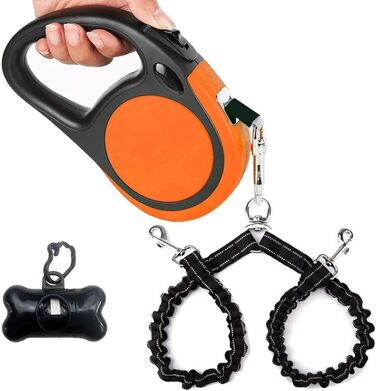 Висувна собача повідка для малих порід (до 50 кг) – подвійний колір, 4.8 м, з мішками для екскрементів, відбиваюче тросик, управління ключем, 360°, оранжево-червоний візерунок 