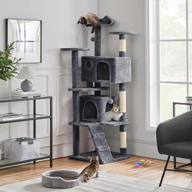 Кігтеточка для котів Yaheetech, велика, 178 см, з 3 платформами, 3 стовпчиками, 2 будиночками, м'ячі, сірий колір