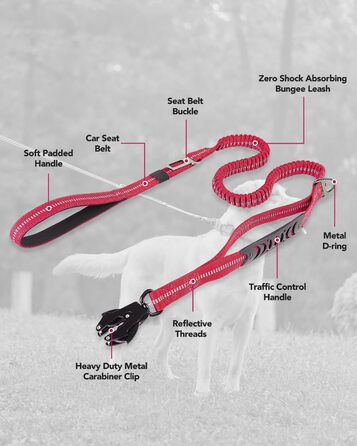 Тактична повідок для собак Joytale, еластична (bungee) повідок з 2 м'якими ручками, кріплення для автомобіля, повідок без ривка для середніх, великих та дуже великих собак (1.2м-1.8м, світорожевий)