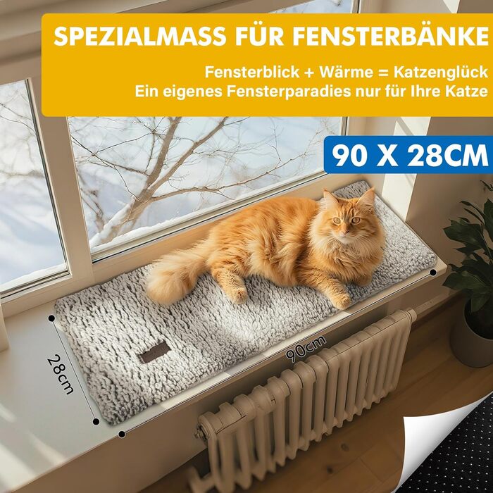 Самогріюча лежанка для котів на підвіконня, 90 x 28 см, сірий колір. Лежанка-підігрівач для котів, м'яка та неслизька, 90 x 28 x 3 см.