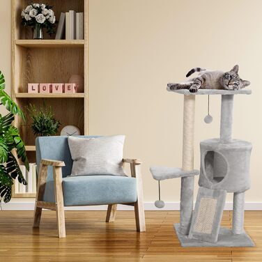 Дряпак для котів PATAM з натурального сизалю з котячою печерою та рампою, посилена основа та легка збірка – висота 83,5 см, іграшки Бежевий (Світло-сірий)