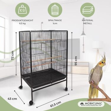Велика клітка для птахів Mobiclinic Pets із колесами, гальмами та верхнім відкриттям, 8 дверцят, знімний піддон, годівниці та поїлки, сідала, для папуг і німф, 95x43x61,5 см