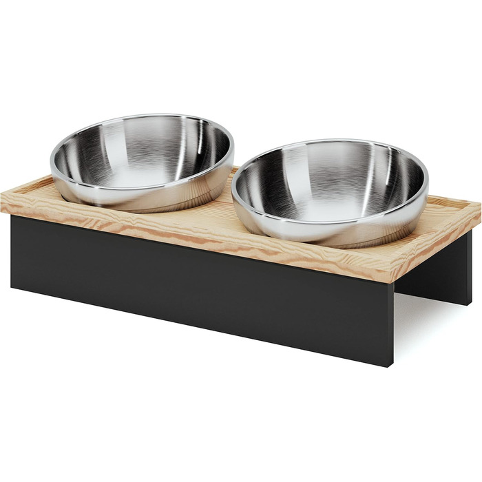 Підвищений годівниця для котів та маленьких собак TUONKEE, 2 миски з нержавіючої сталі, дерев'яний підстав з масивного дерева (чорний)