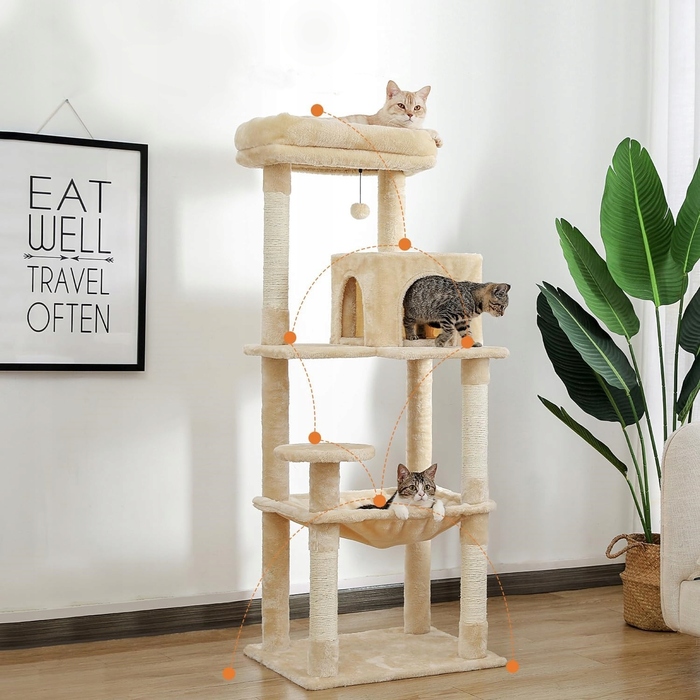 Високий когтеточка-комплекс для котів Emes, бежевий (101-160 см), 5 рівнів, з джутовим канатом