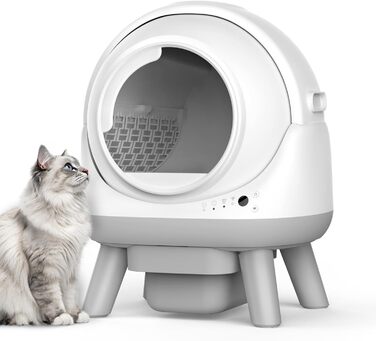 Автоматичний лоток для котів ELS PET з самоочищенням, захистом від розльоту, керуванням через додаток, без запаху, з килимком для котячого туалету та пакетами для сміття (для кількох котів) (Чорний та Сірий) (Білий Сірий)