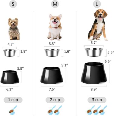 Миска для собак Petvillage, конусоподібна, неслизька, з нержавіючою сталлю, піднята, для середніх собак, спанієлів з довгими вухами, велика місткість, розмір L, 3 чашки, чорний колір
