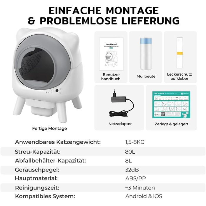 Автоматичний лоток для котів Cura X1 Katzenklo: самоочищення, 80+8 л, датчики безпеки, контроль через додаток, для кількох котів