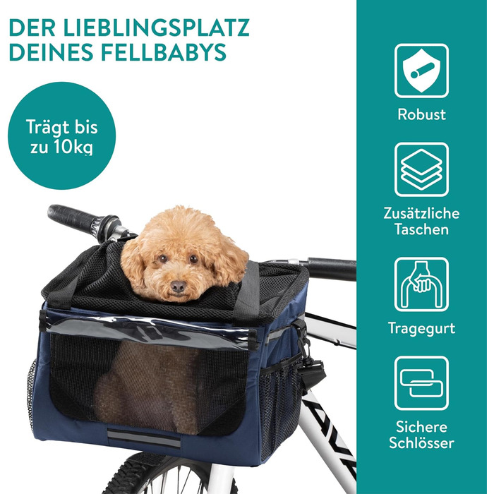 Корзина для собак Navaris на велосипед - перевезення собак до 10 кг, з додатковими кишенями, блакитна