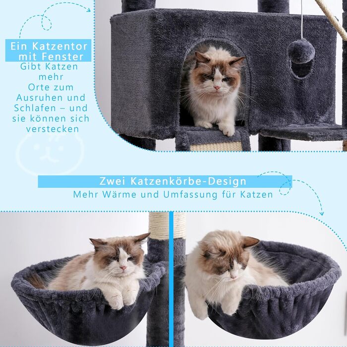 Котячий будиночок Hey-brother Kratzbaum: регульований котячий комплекс 250-280 см, до стелі, для великих котів, з гніздом, сірий (0MPJ091W)