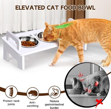 Підвищений миска для котячого корму, 3 миски з нержавіючої сталі, піднята годівниця для котів, миска для корму та води для котів з нахилом 15°, анти-блювотний набір, для котів, що живуть у приміщенні (білий/розкішний сад)