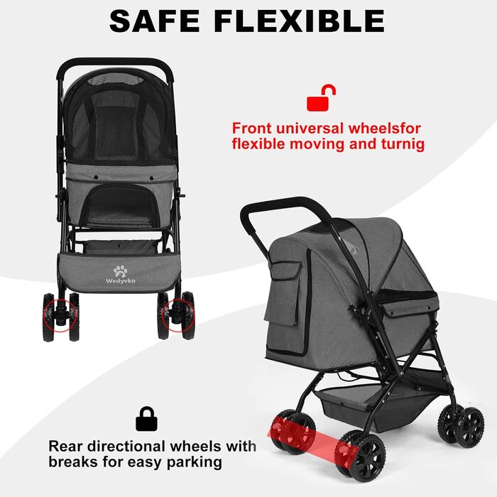 Візок для собак Wedyvko до 20 кг, 4 колеса, складний, для маленьких та середніх собак та котів, з кошиком для зберігання та тримачем для напоїв, зелений (A-темно-сірий)