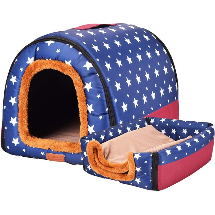 Портативне складане ліжко для собак та котів HONGBI, 2 в 1: будиночок та диван, блакитний колір з білим зірками, розмір 2XL