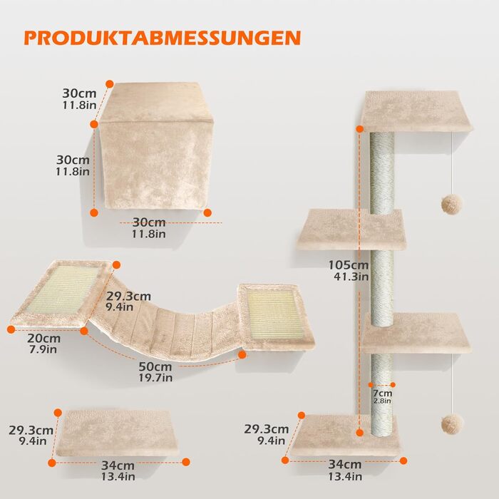 Кігтеточка-стіна для котів Eukue, комплект 10 елементів, великі настінні елементи з котячим будиночком, мостом та сизалевими стовпчиками, до 10 кг, бежевий колір