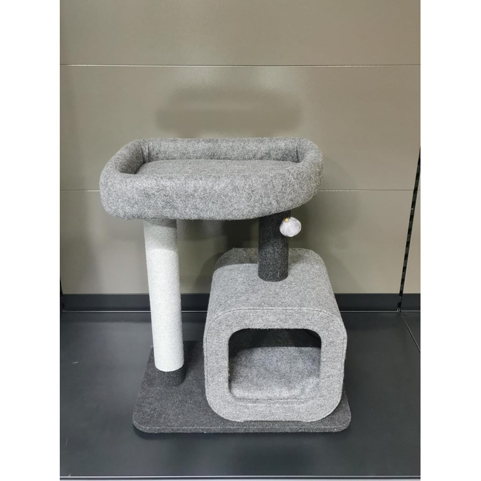 Дряпалка для котів Flamingo Anzu сірого кольору, 62 x 44 x 71 см – з платформами та будиночком