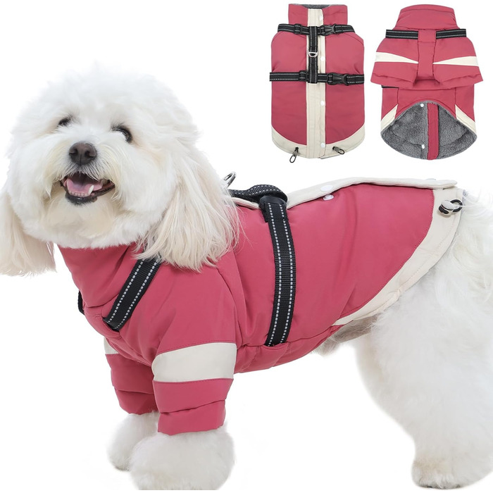 Зимовий теплий одяг для собак з інтегрованим повідком, водонепроникний, з відбиваючими елементами, рожевий, XS (обхват грудей 35 см), для чихуахуа та інших дрібних порід
