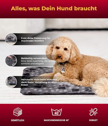 HS-Hundebett® Лежак для собак середній 65x95 см, двосторонній, м'який, 3 см наповнювач, для дивану, авто та переноски, сірий з лапкою, вироблено в Німеччині