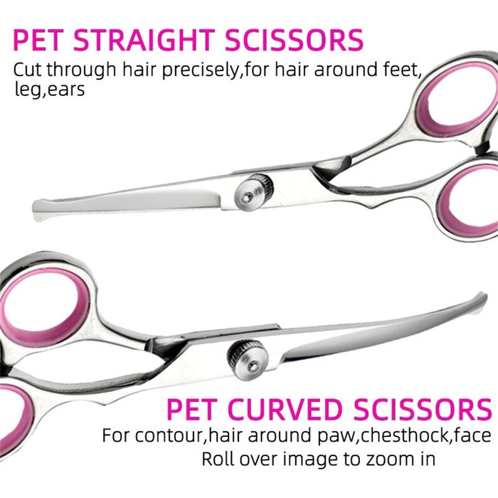 Набір професійних ножиць для собак, 4 в 1: ножиці з круглим носиком, ножиці для фінішування, прямі та вигнуті ножиці, гребінець для грумінгу, з нержавіючої сталі, для собак та котів (рожеві)