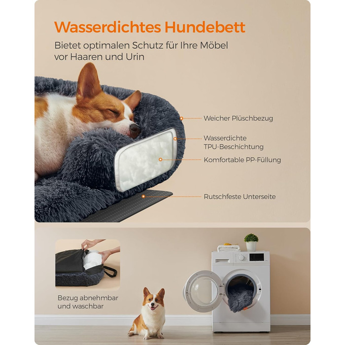 Крісло-лежанка для собак Feandrea FluffyHug, м'яка лежанка-софа, захист дивану, подушка для собак, розмір L, для середніх собак, 95 x 85 x 16 см, темно-сірий