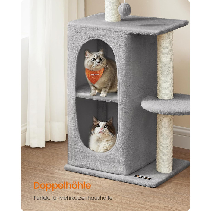 Дряпка для котів Feandrea, кігтеточка з 2 будиночками, кігтешліфувальні стовпчики, для багатокотових родин, кошенят, світло-сіра PCT005G01