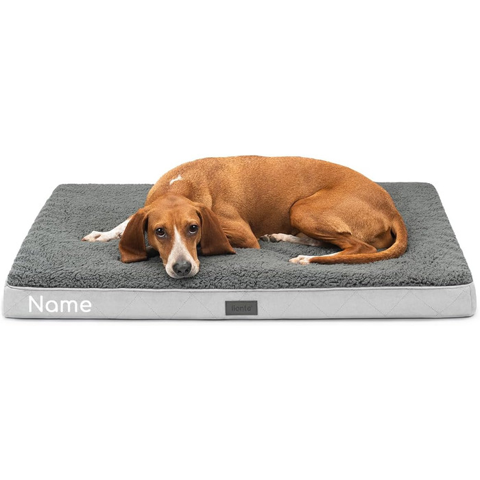 Ортопедичне ліжко для собак Lionto, 112x81x8 см, міцне, з м'яким плюшем, знімний та пральний чохол, водовідштовхувальне, для собак та котів (з нанесенням імені), сірий колір