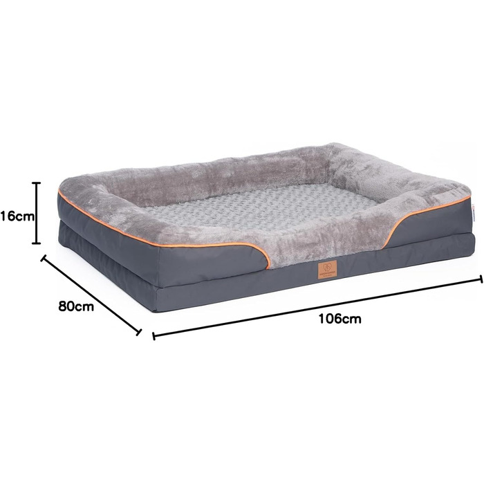 Ортопедичне ліжко для собак Warenhammer, плюшеве диван-ліжко знімний чохол, сірий колір, 89 x 63 x 16 см (XXL)