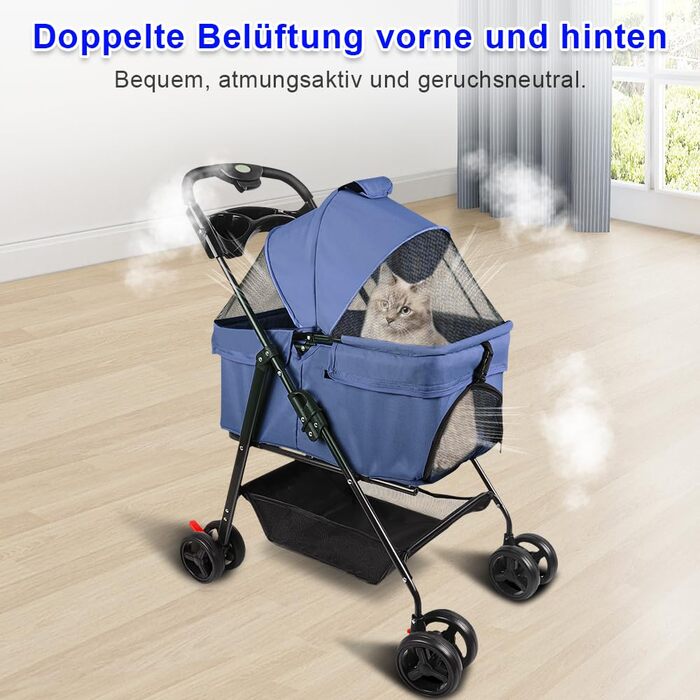 Візок для тварин та дітей Homewell 2в1, розкладний, з кошиком для зберігання та тримачем для напоїв, для собак та котів, блакитний