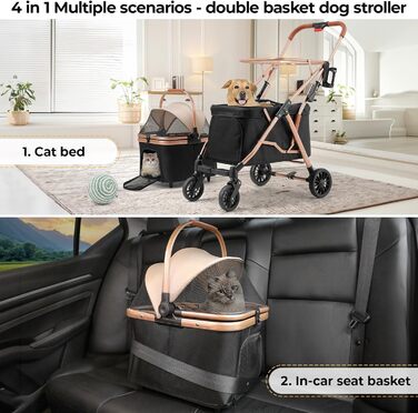 MAMIZO Подвійний візок для собак, переноска для тварин до 15 кг, складаний двоярусний візок для собак, котячий візок на 2 яруси з 4 зносостійкими колесами PU, чорний