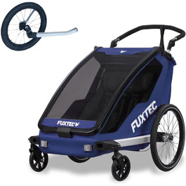 Fuxtec 2в1 Велопричіп-візок для дітей з біговим колесом FX-FA1-SET на 2 дітей з алюмінію - Складаний велопричіп з захистом від дощу та сонця, блакитний
