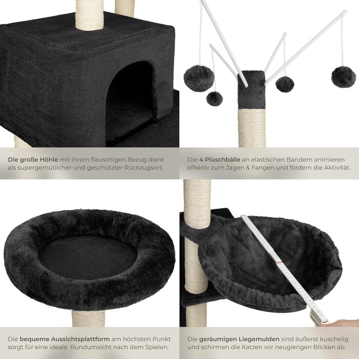 Дерево для котів tectake® XXL, велике, з аксесуарами: лежанки, гамак, будиночок, іграшки, мотузка, стійка для дряпання, висота 165 см, чорний