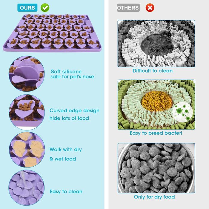 Килимок для собак VOOWO для пошуку їжі, силіконовий килимок-лежанка для собак, миска для повільного годування, килимок для годування собак Slow Feeder, для малих, середніх та великих собак (фіолетовий, великий)
