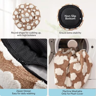 Кругле ліжко для собак JOEJOY Donut, м'яке, ортопедичне, знімний чохол, колір коричневий, розмір M (30x30x8)