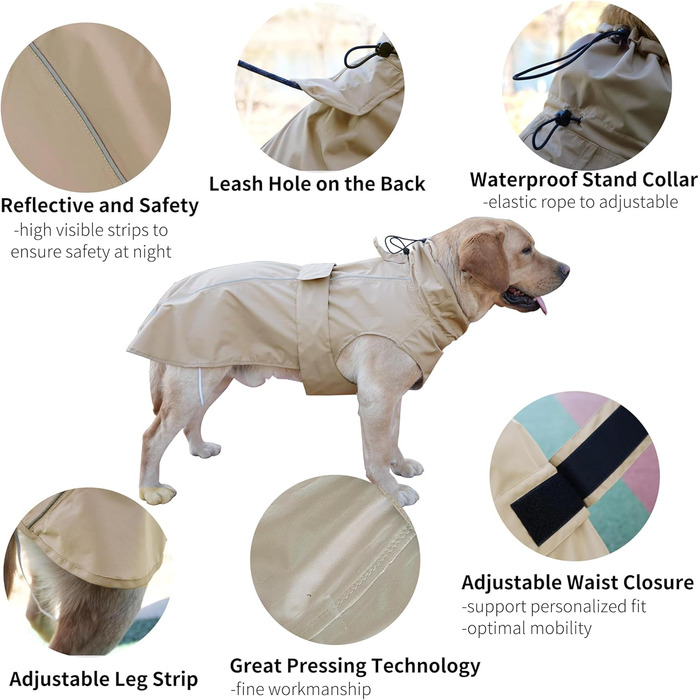 Регульований водонепроникний дощовик для собак, легка дощова куртка для тварин, одяг для цуценят з відбиваючими смугами для маленьких, середніх та великих собак (Хакі, M)