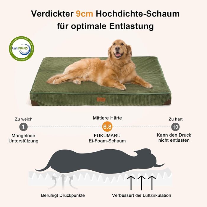 Ортопедичне ліжко для собак FUKUMARU - 91x56x9 см, зелене, з водонепроникним шаром, м'яке, антиковзне. Ліжко для собак, килимок, матрац